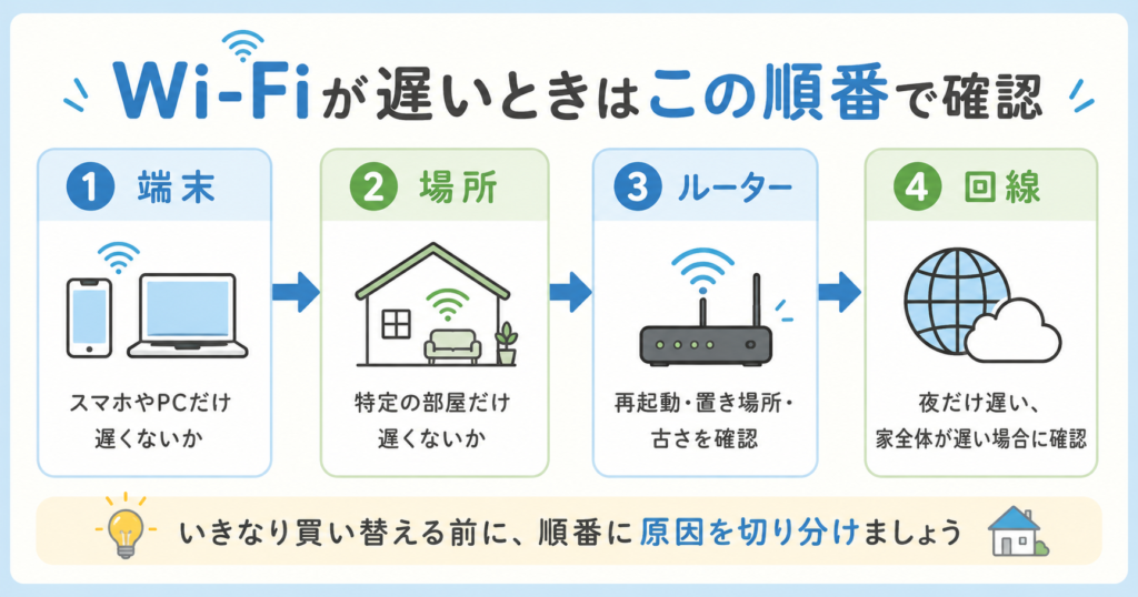Wi-Fiが遅いときの確認手順フロー図