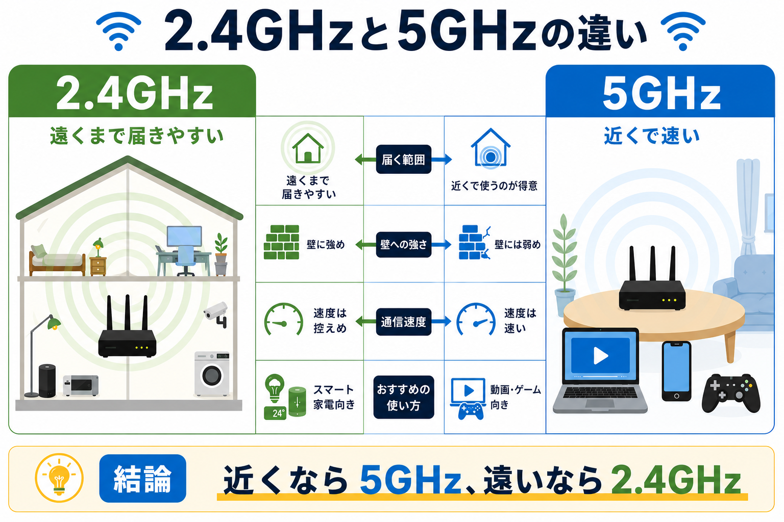 Wi-Fiの2.4GHzと5GHzの違いと使い分けを説明した図解