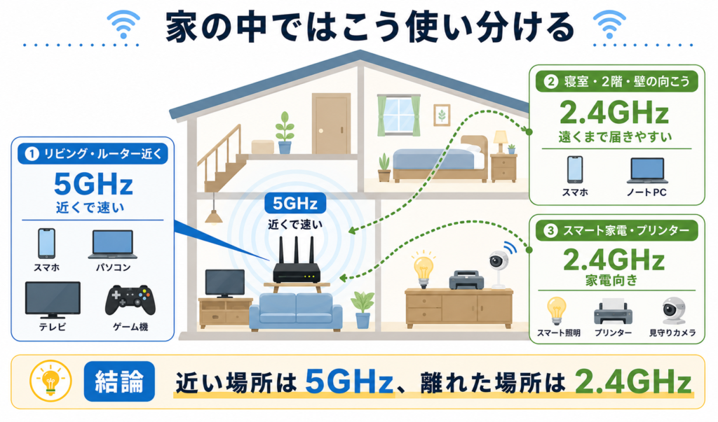 家の中で2.4GHzと5GHzを使い分けるイメージ図