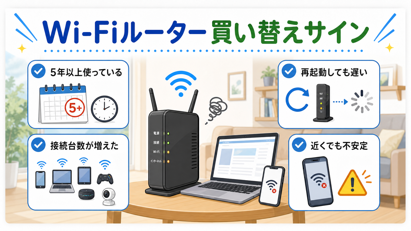 Wi-Fiルーターの買い替えサインをチェックする図解