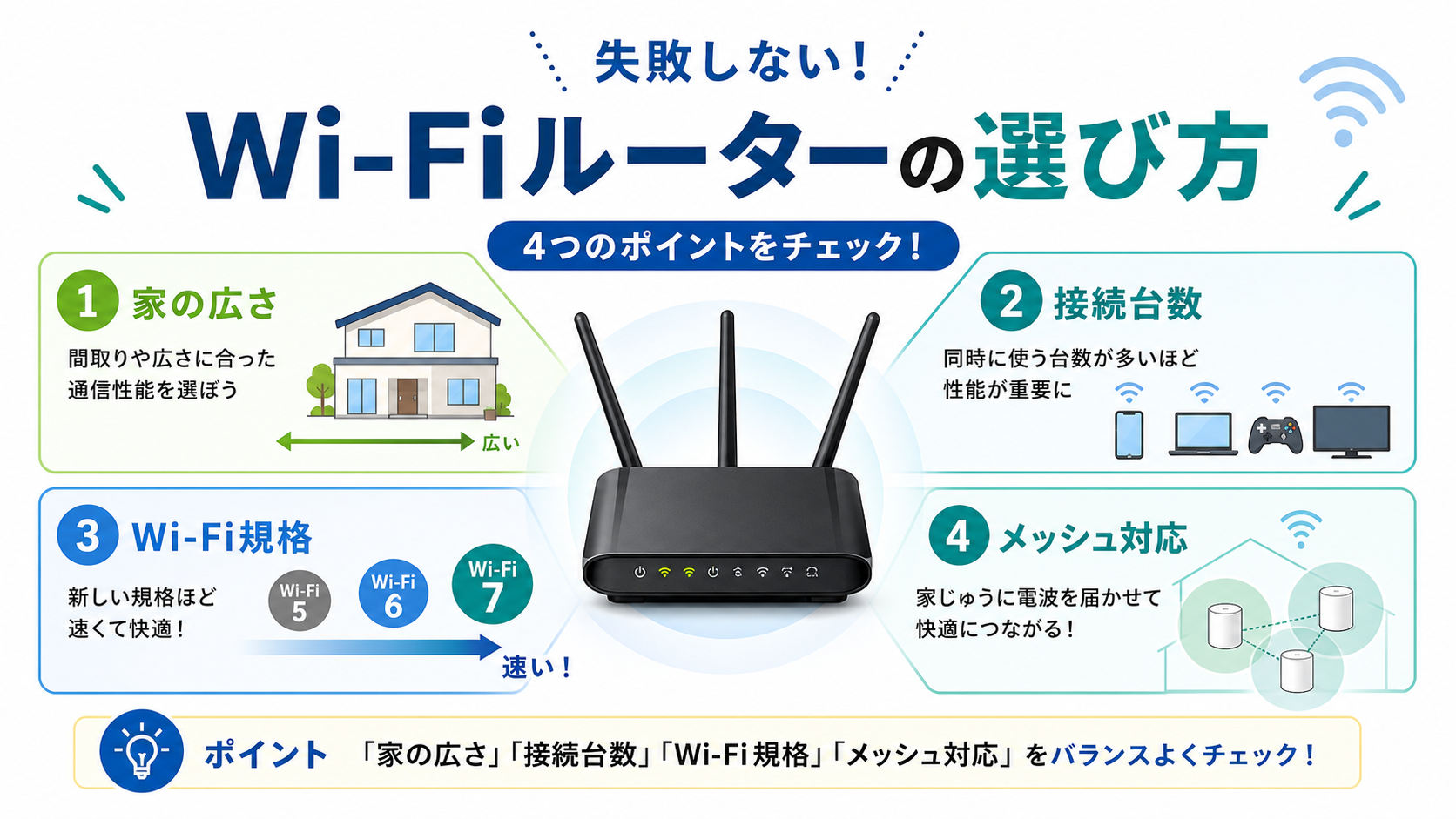 Wi-Fiルーター選びのポイントを家の広さ、接続台数、規格、メッシュ対応で整理した図