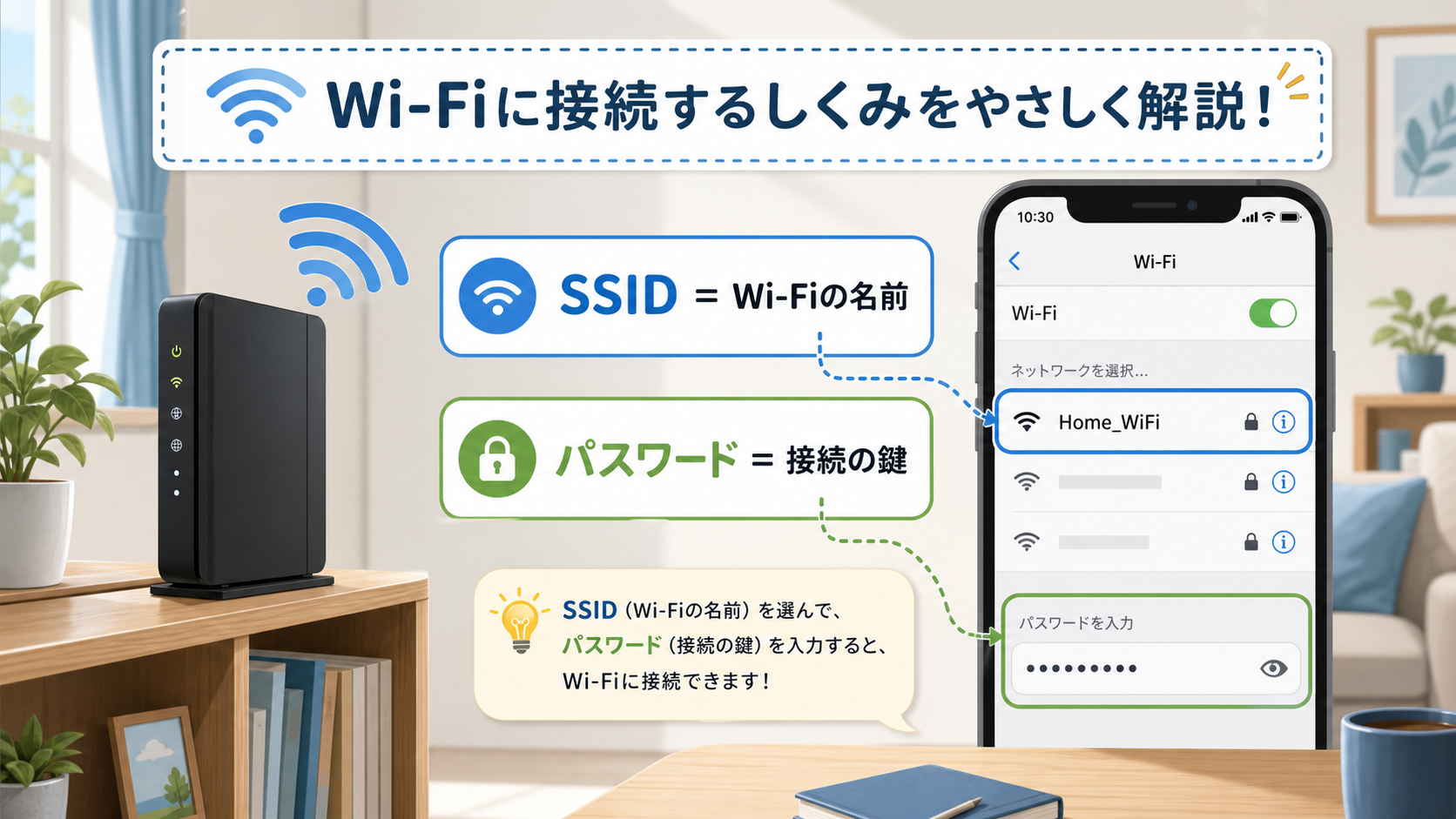 SSIDとWi-Fiパスワードを確認する場面の図解