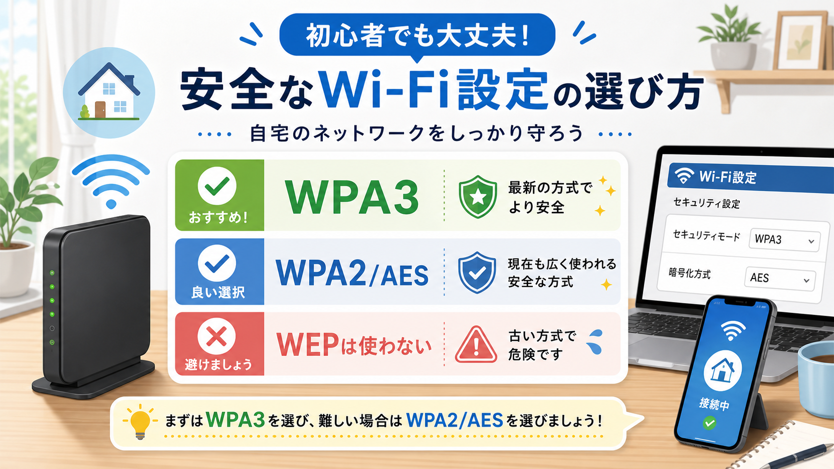 家庭のWi-Fiセキュリティ設定でWPA2とWPA3を選ぶ場面の図解