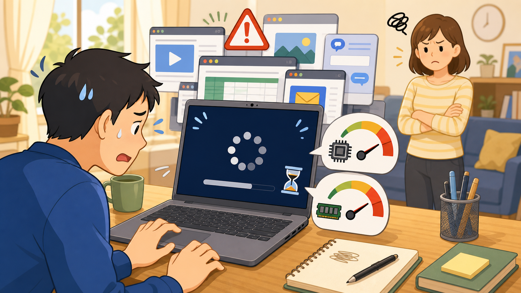 動作が重いパソコンで、読み込み表示や負荷メーターが出て家族が困っている様子
