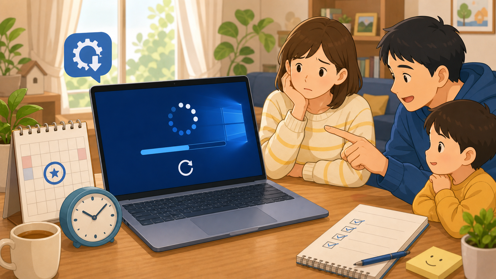 Windows Updateを家族のパソコンで安全に進めるイメージ