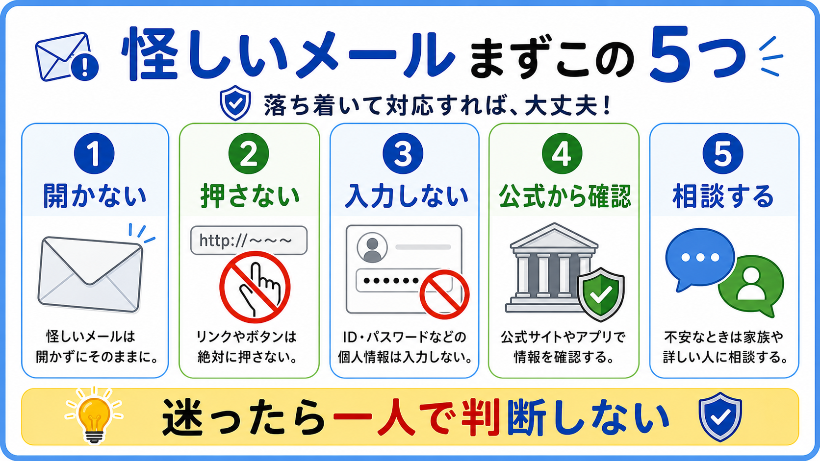 怪しいメールへの対応。開かない、押さない、入力しない、公式から確認、相談する