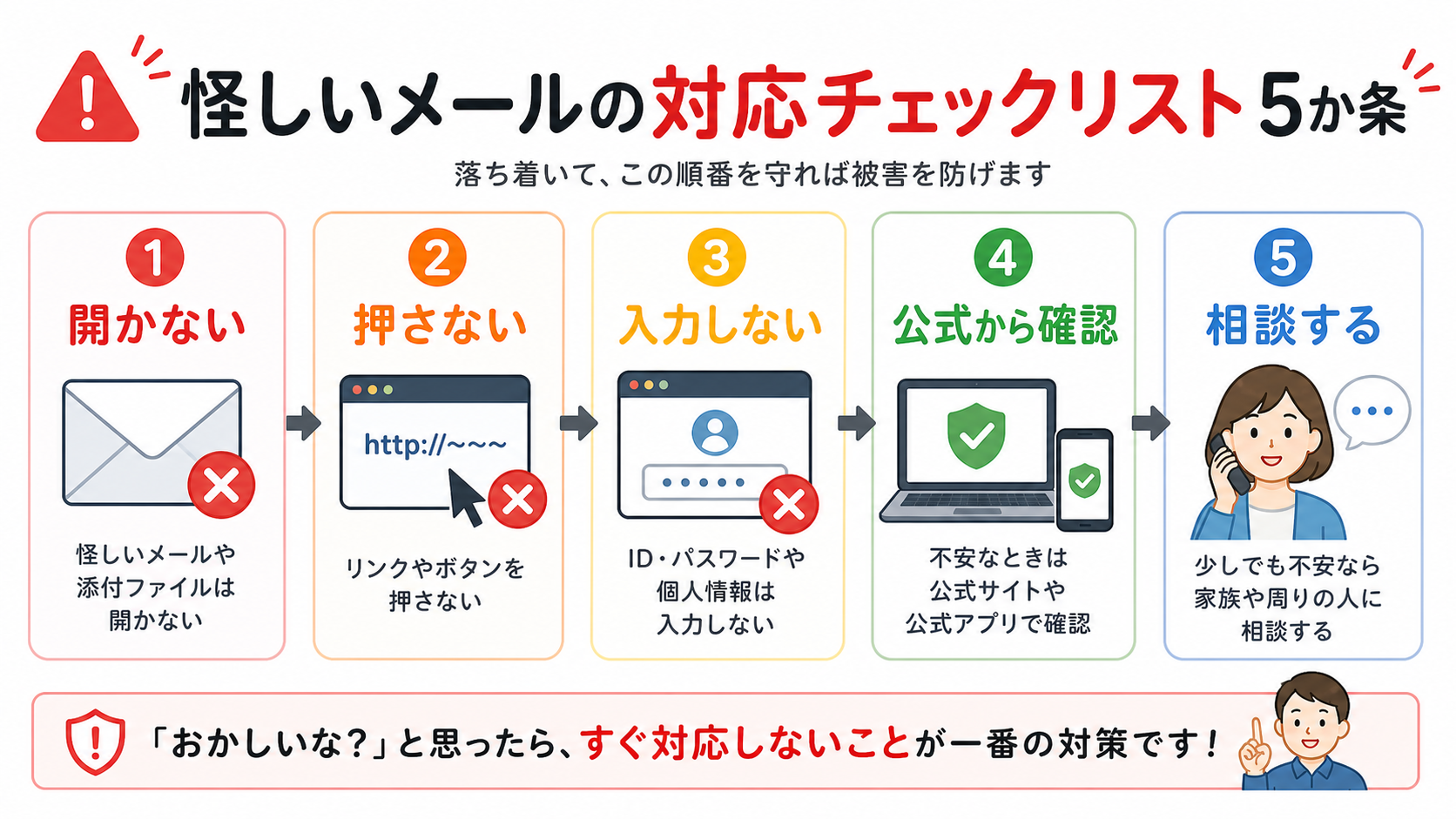 怪しいメールへの対応。開かない、押さない、入力しない、公式から確認、相談する