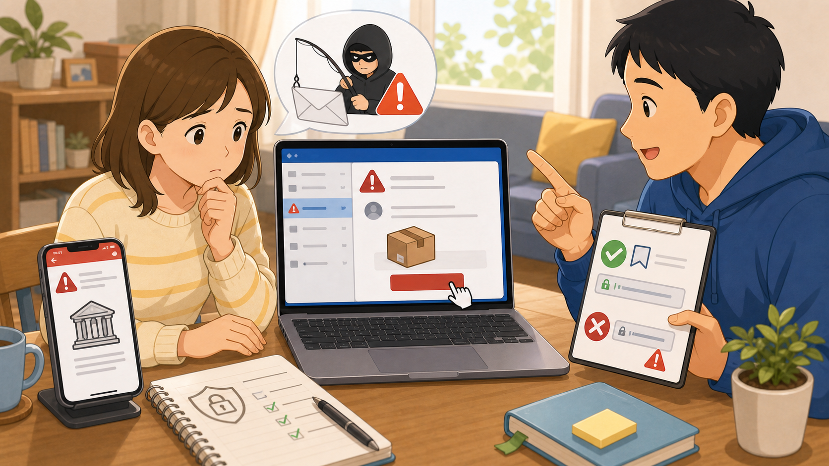 怪しいメールやSMSに注意して公式サイトから確認するイメージ