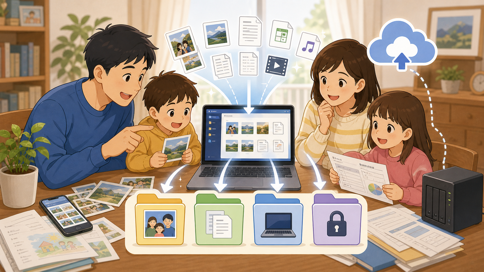 家族の写真、書類、バックアップ、個人データを整理する家庭IT管理のイメージ