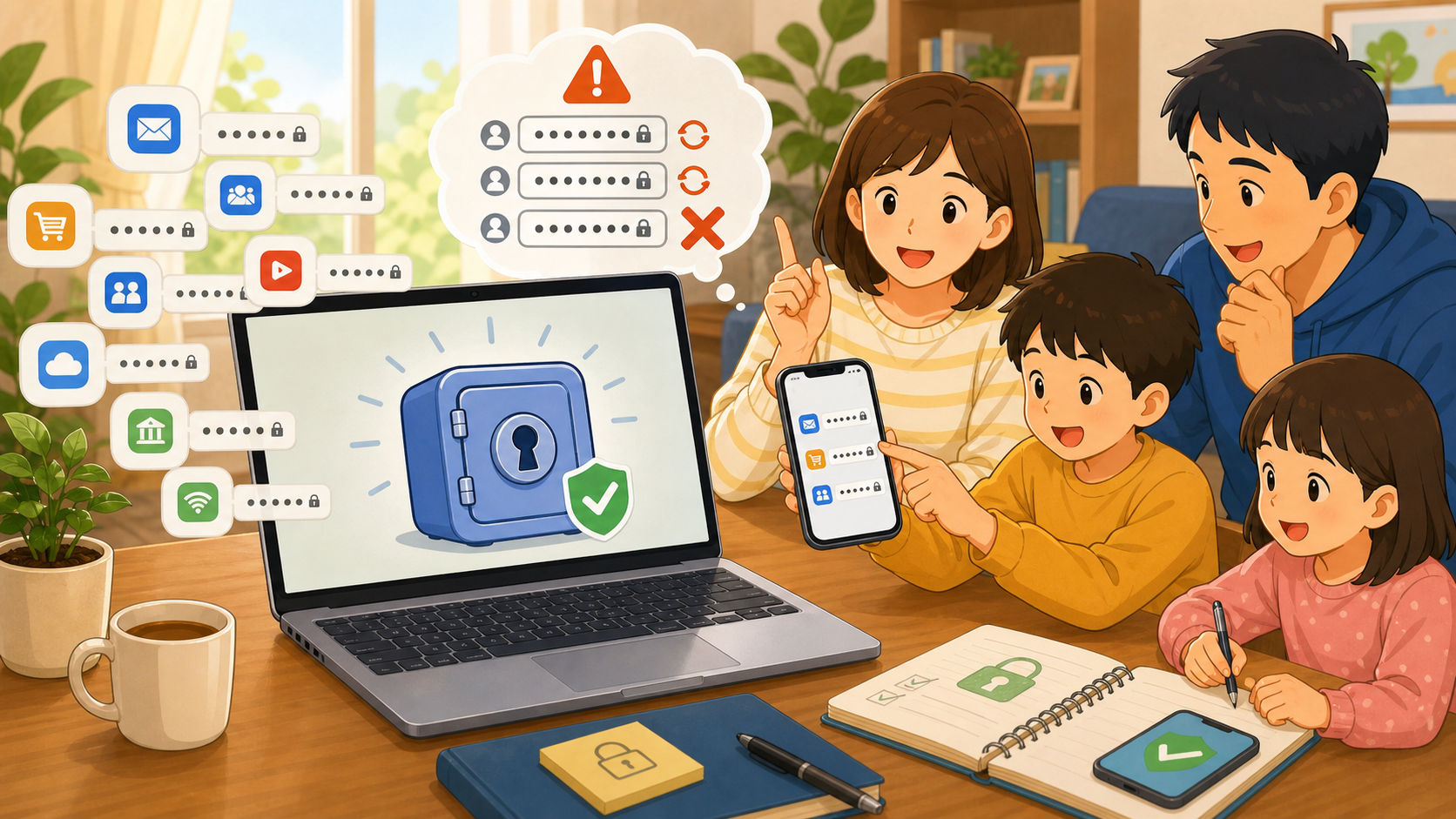家族のパスワード管理を安全に整理するイメージ