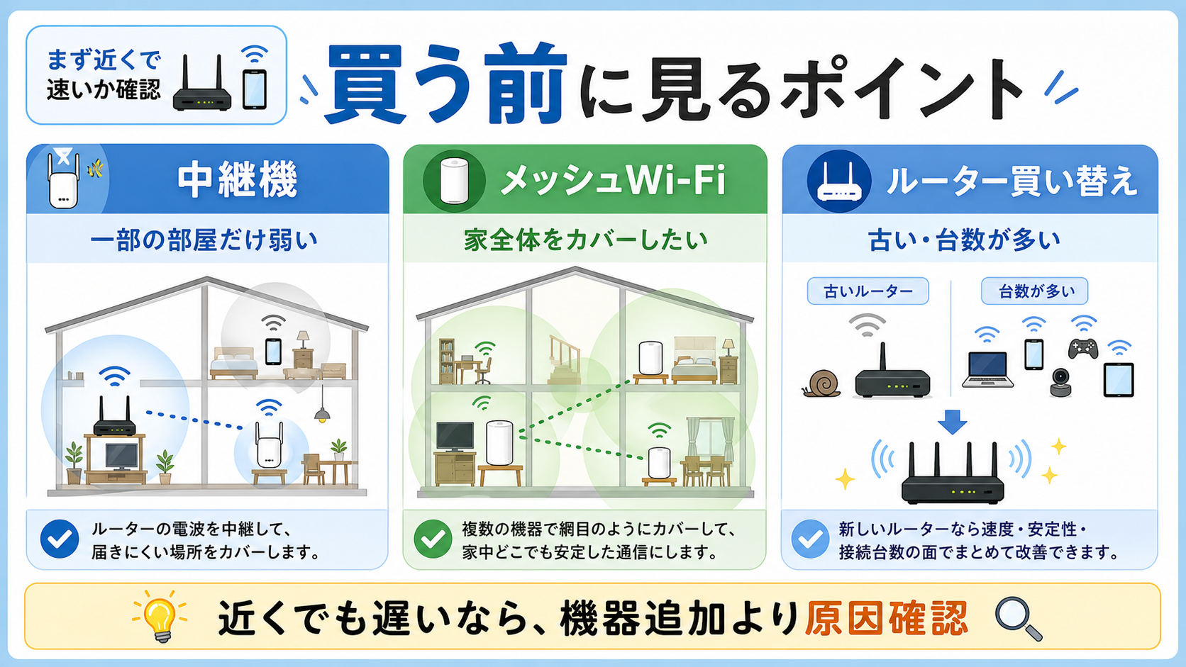 中継機、メッシュWi-Fi、ルーター買い替えの判断を示す図解