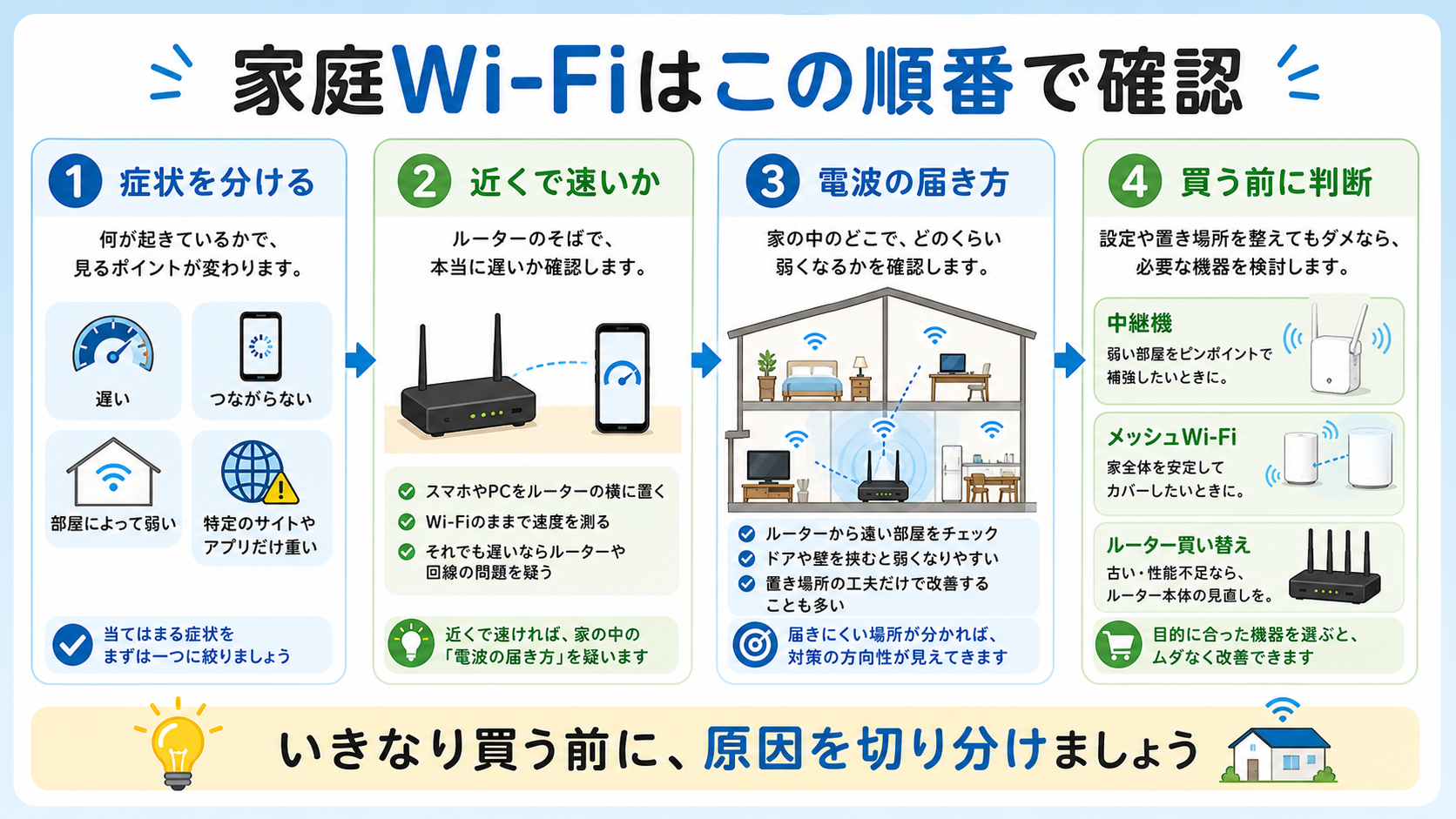 家庭Wi-Fiで困ったときの確認順を示す図解