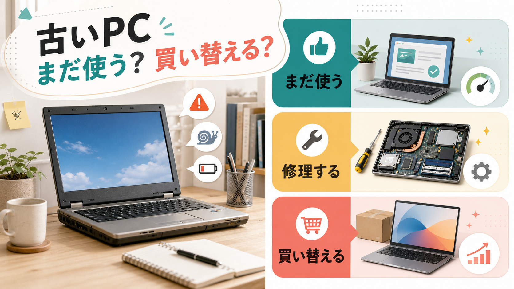 古いパソコンを修理、SSD化、買い替えで比較する判断図