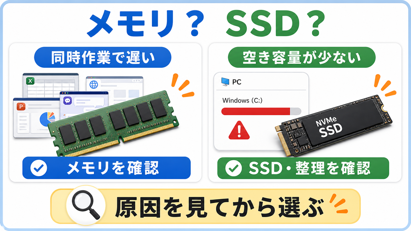 同時作業の遅さならメモリ、空き容量不足ならSSDや整理を確認する比較図